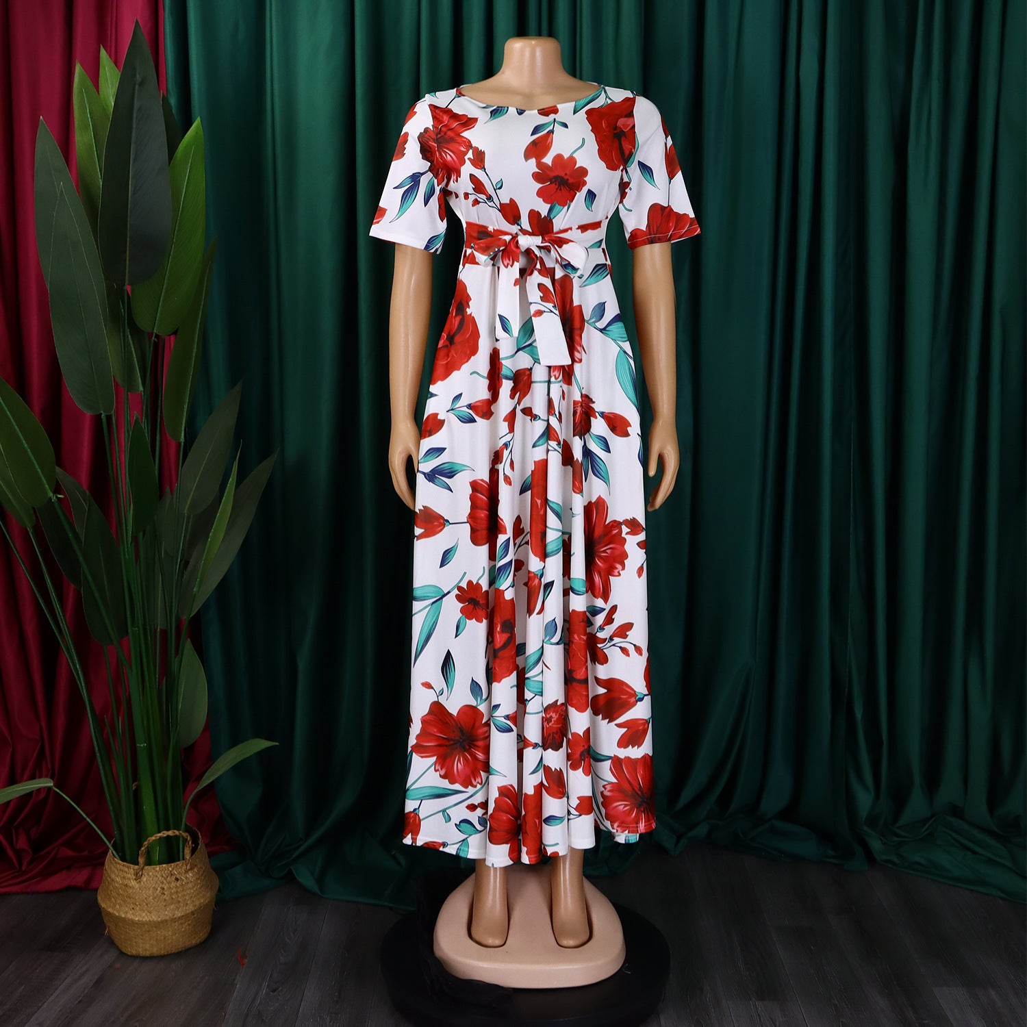 Women's Fashion Chic Tie-Waist African Plus Size Short Sleeve A-Line Dress 46