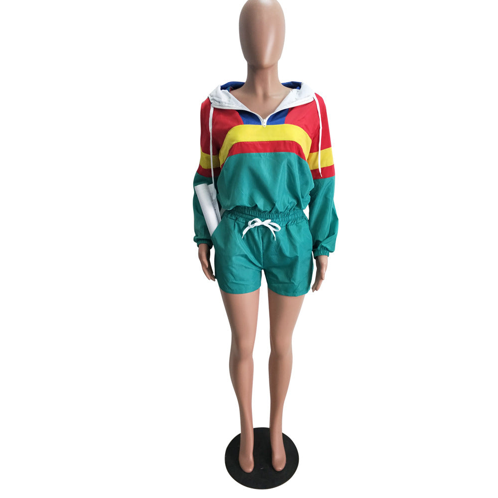 Women’s Casual Spring Color Block Patchwork Two-Piece Hooded Shorts Set 10