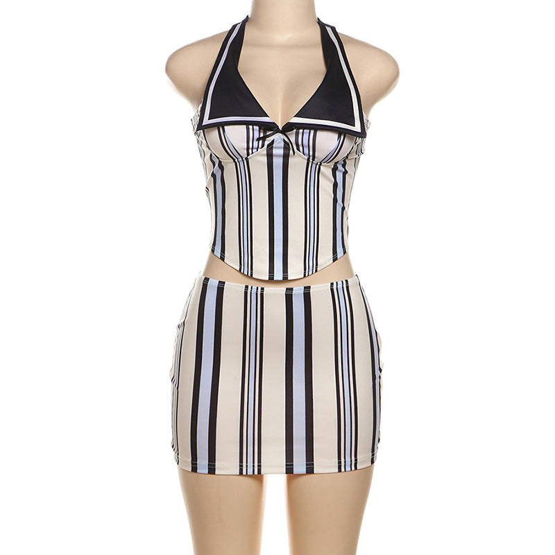 Women Summer Style Printed Sleeveless Halter Neck Striped Top and Skirt Two-piece Set 8