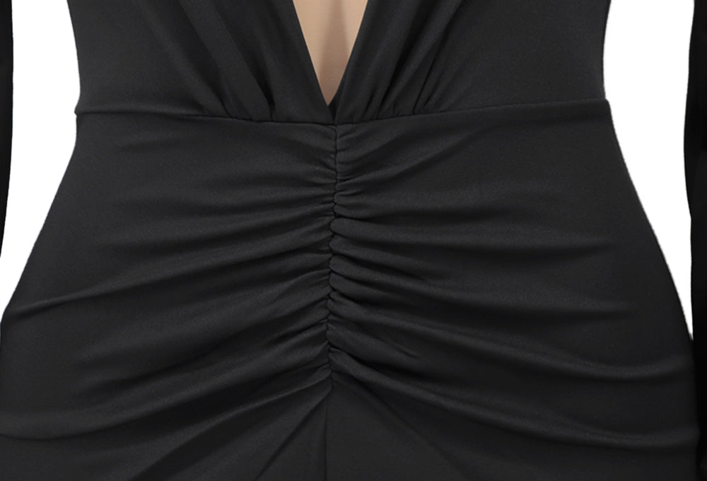 Spring Long Sleeve Deep-V Front Slit Mermaid Black Evening Dress 6