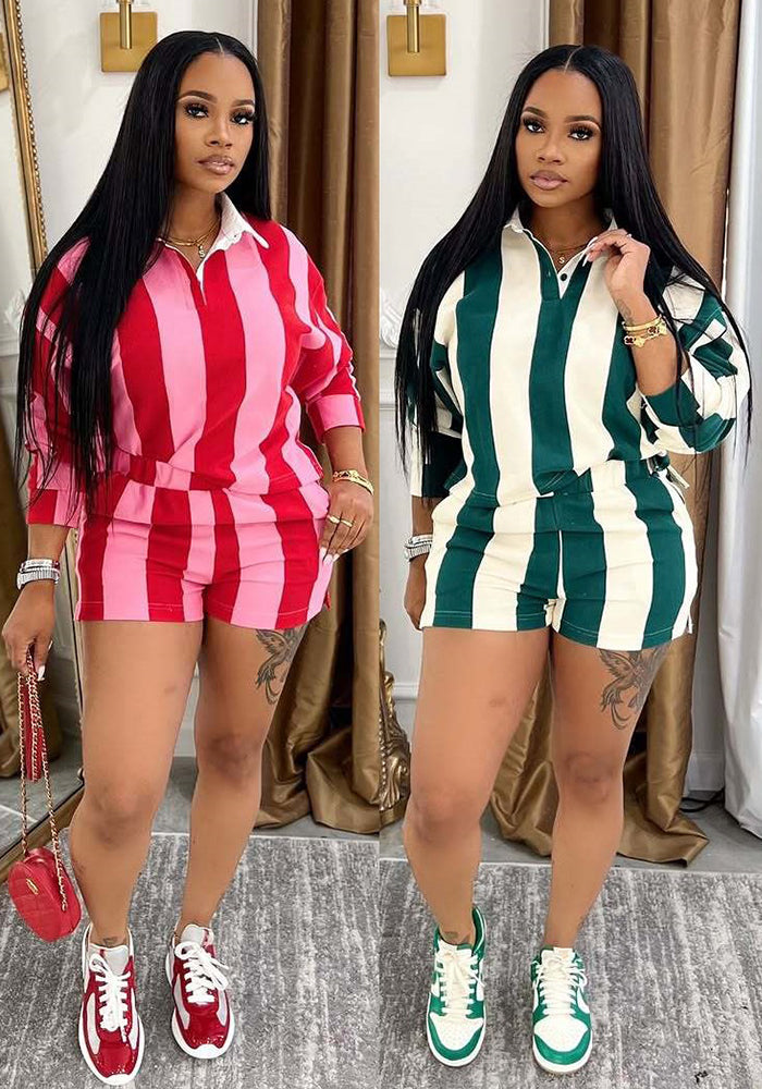 Spring Women Casual Striped Turndown Collar Top Shorts Two-Piece Set