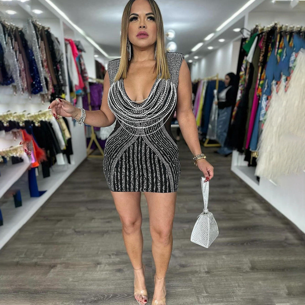 Women V-neck Sleeveless Bodycon Beaded Dress 4