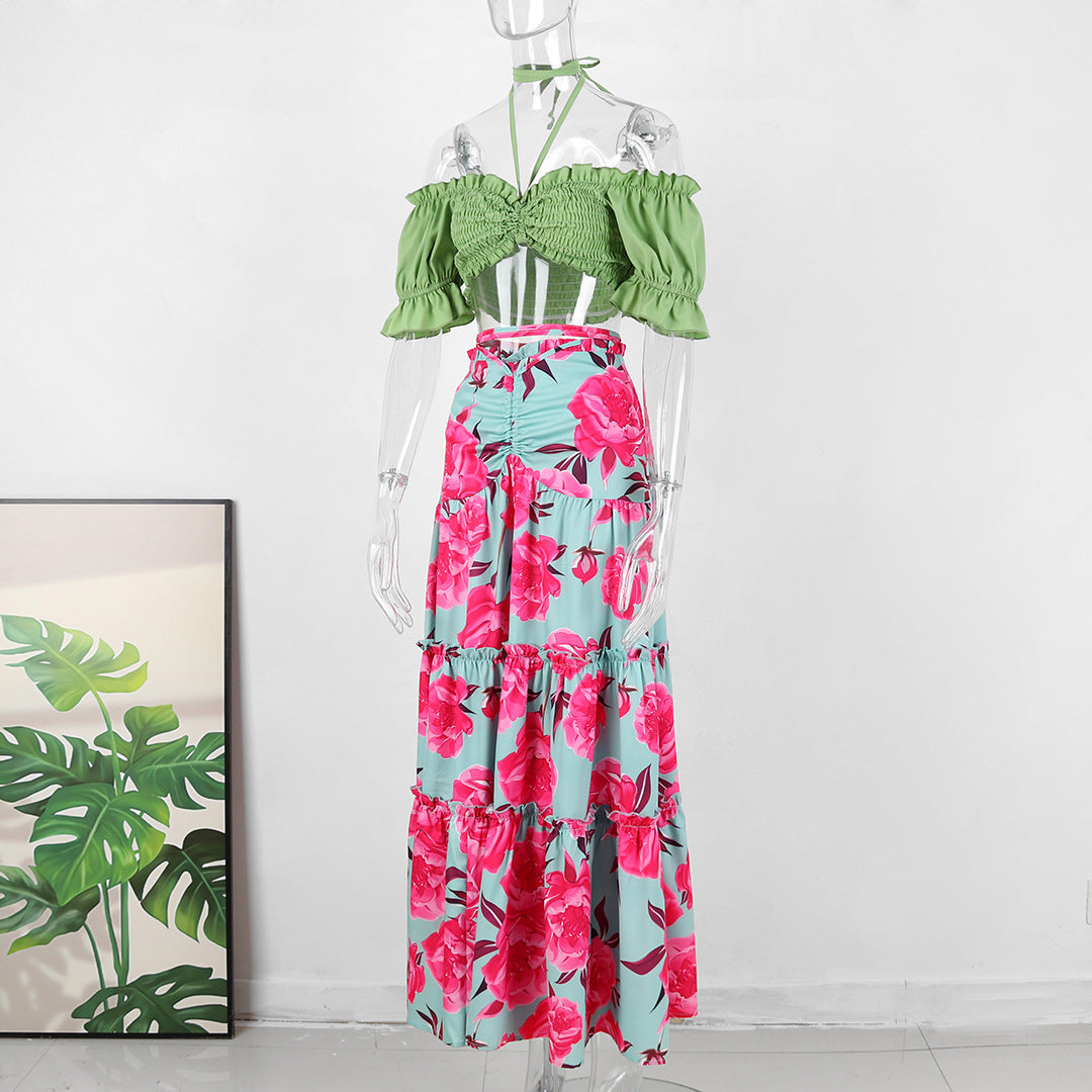 Holidays Long Skirt Set Off Shoulder Halter Neck Top Lace-Up High Waist Skirt Two Piece Set 8