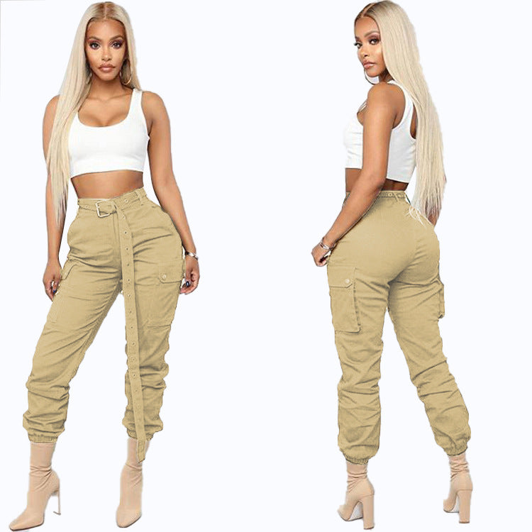 Women Solid Casual Cargo Pants with Belt 17