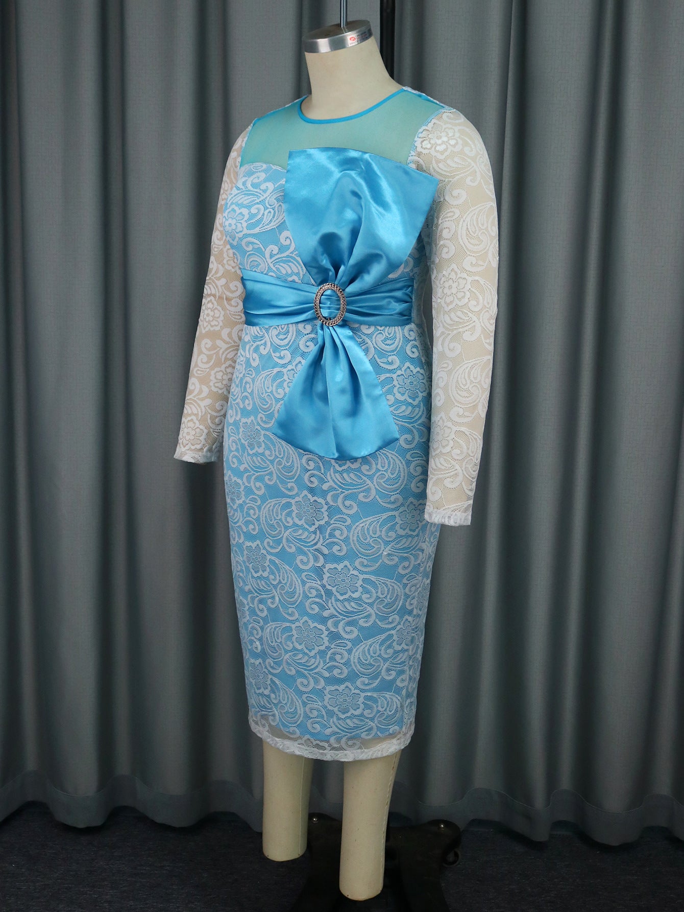 Sexy See-Through Lace Long Sleeve Formal Party Bow Evening Dresses 4