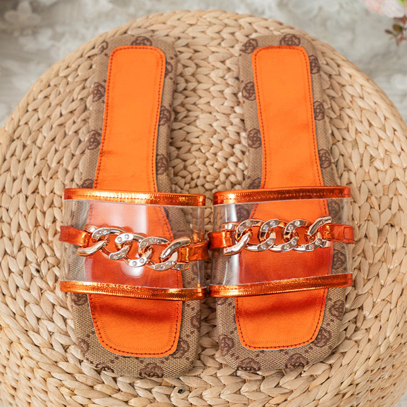 Summer Women Square Toe Rhinestone Chain Fashion Outdoor Wear Slippers Beach Sandals 12