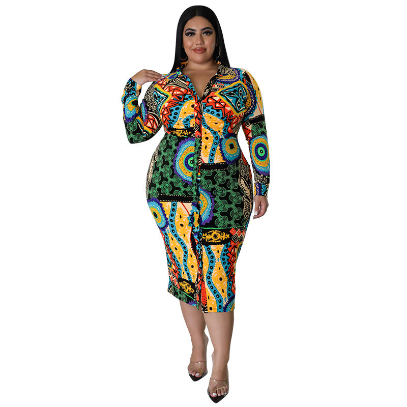 Plus Size Women Fall Long Sleeve Print Midi Dress 13