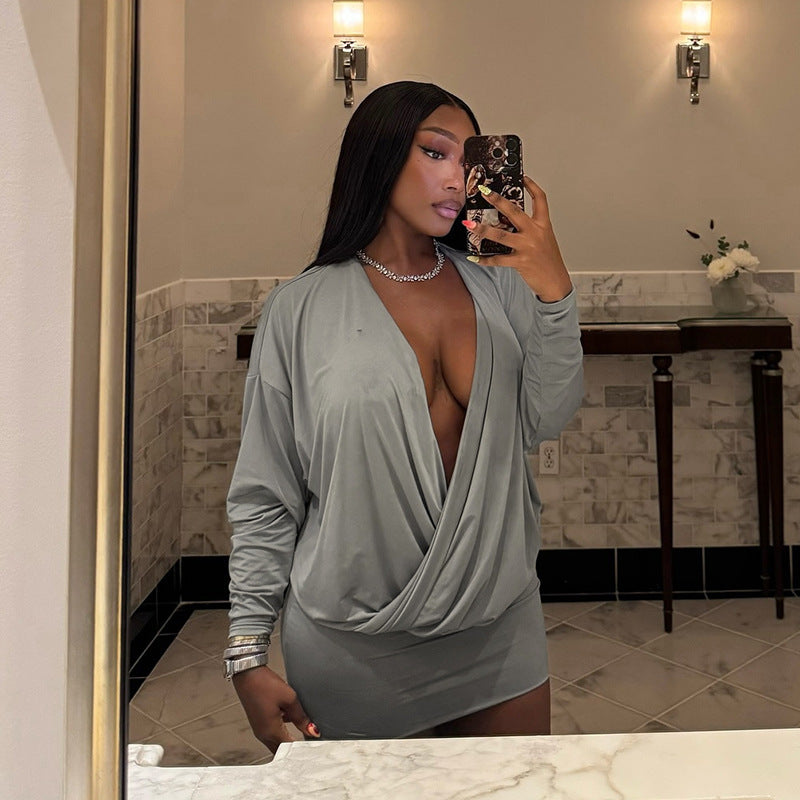 Women sexy V-neck long-sleeved bodycon dress 3