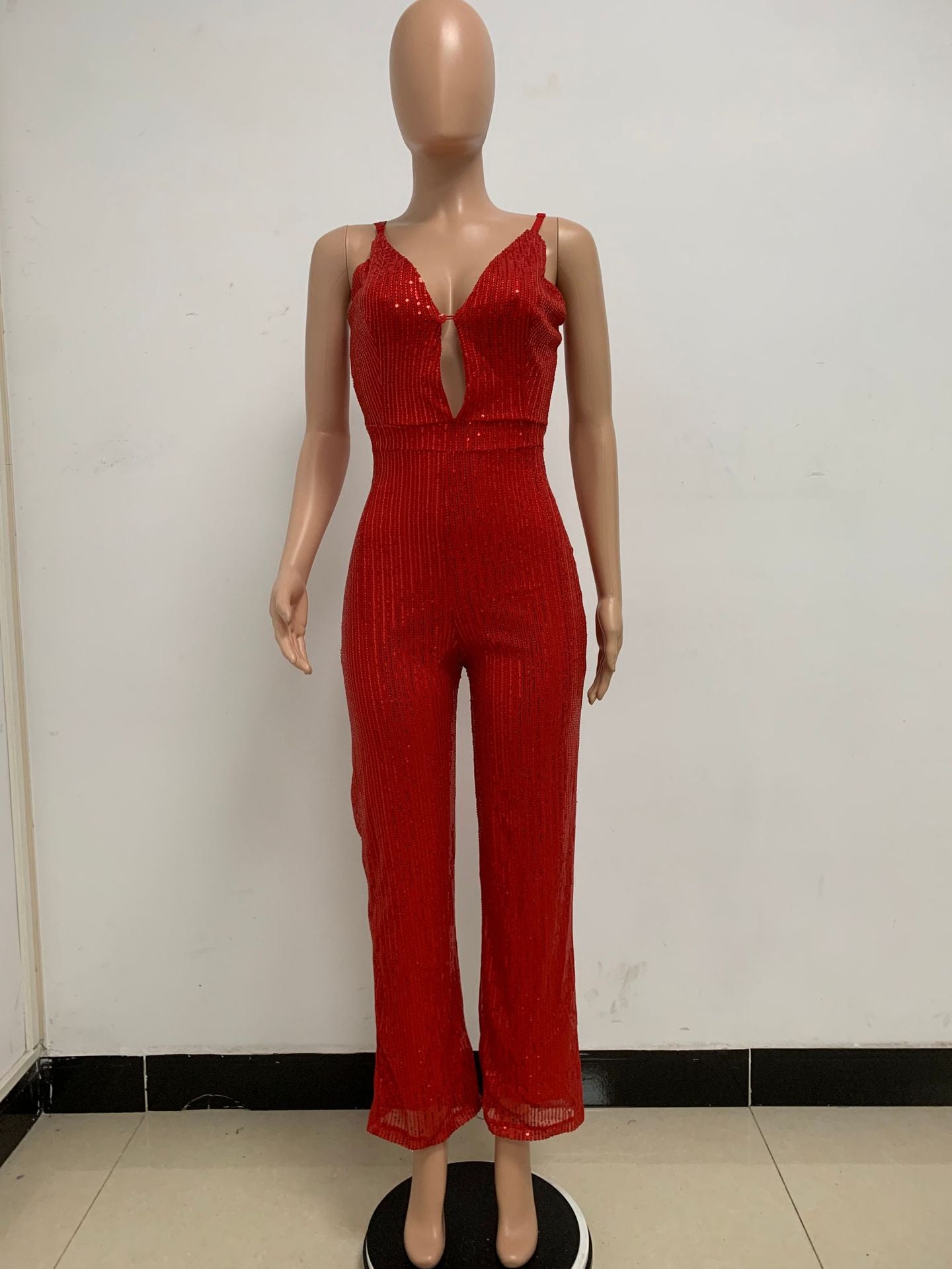 Deep V Neck Low Back Sleeveless Chic Sequined Straps Elegant Women's Party Jumpsuit 76