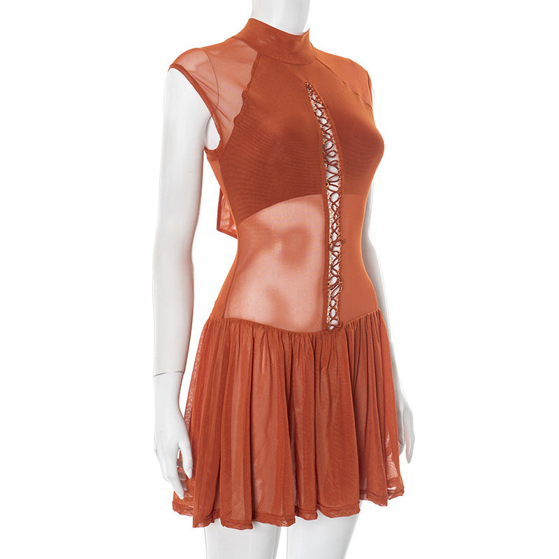 Women Spring and Summer Half-high Neck Lace-up Hollow Lace-Up Patchwork Mesh Pleated Dress 9