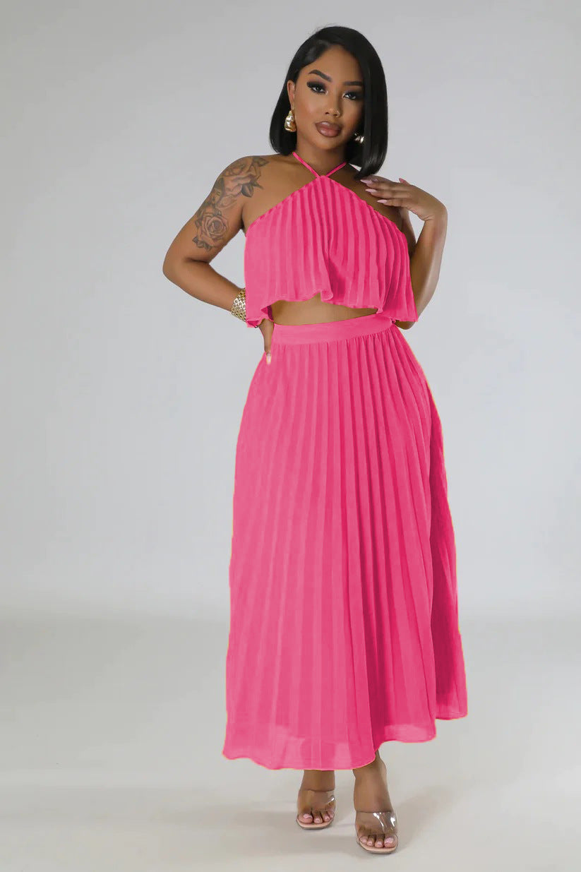 Women Summer Casual Solid Sleeveless Pleated Lace-Up Pleated Skirt 3