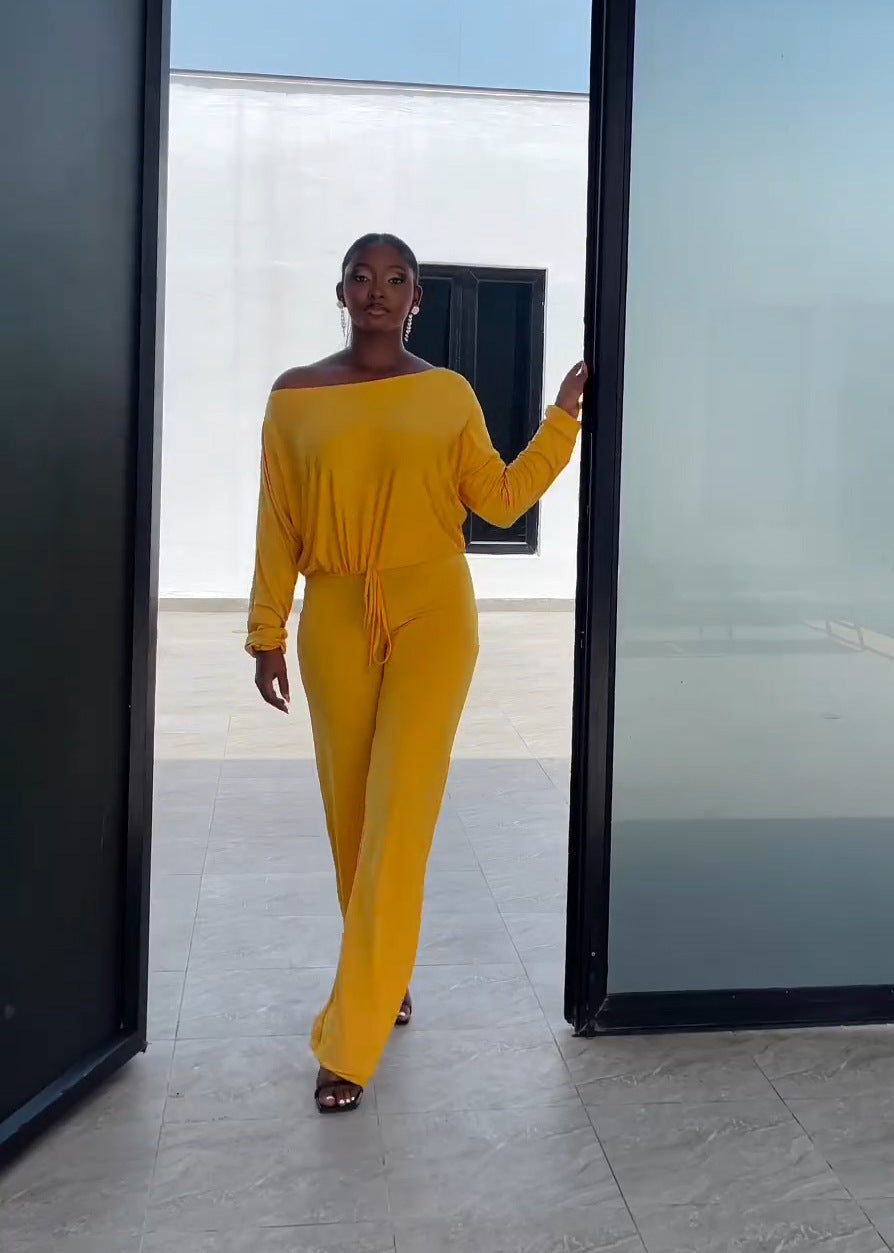 Women's Fashion Casual Solid Bat Sleeves Drawstring Jumpsuit 5