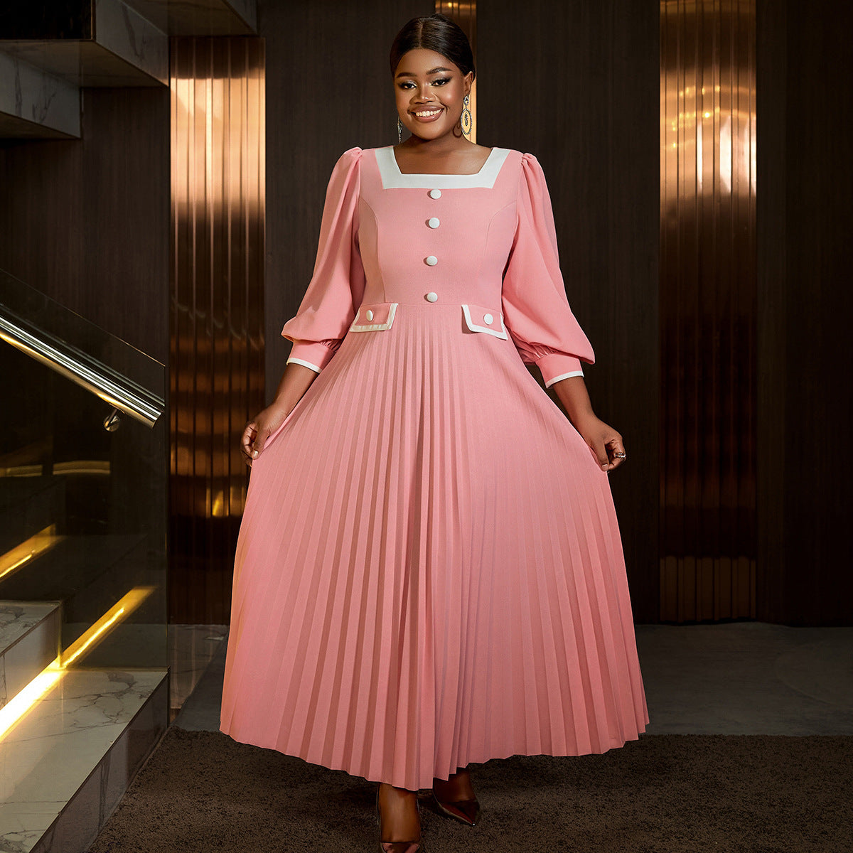 Women Square Neck Lantern Sleeve Formal Party High Waist Pleated Dress 3