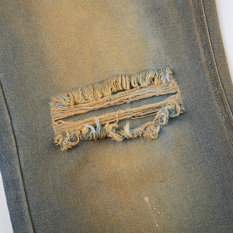 Women American Retro Gradient High Waist Ripped Splash Straight Denim Pants 17