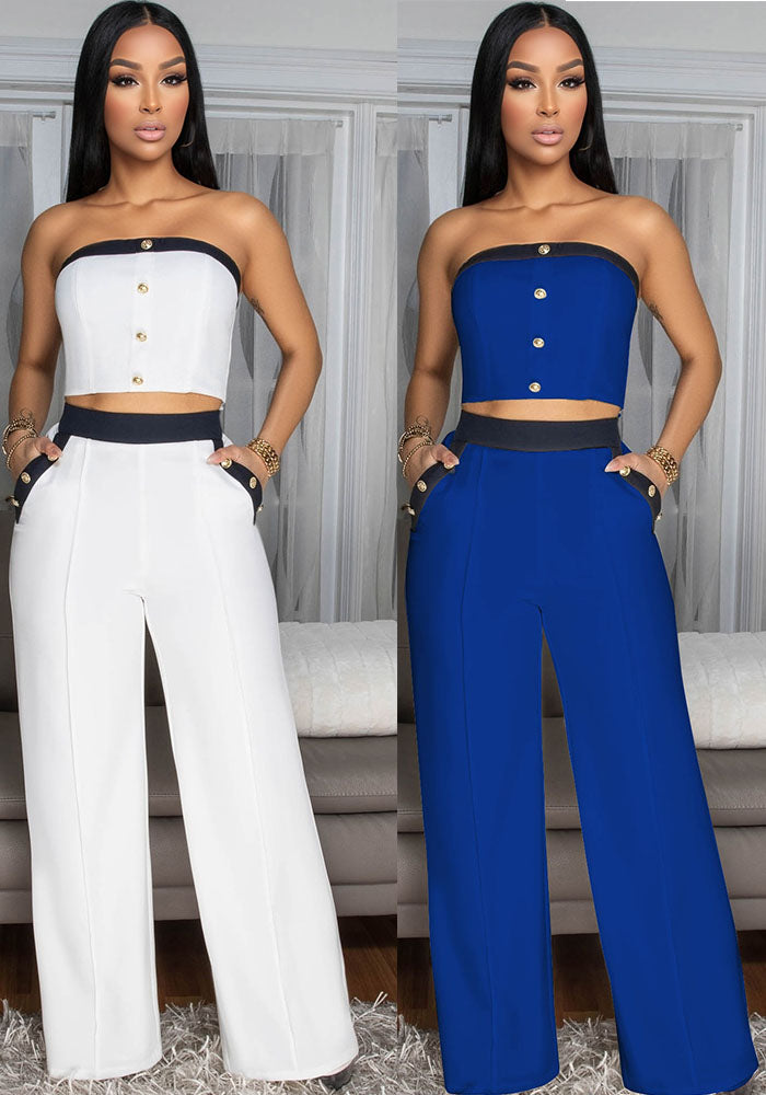 Sexy Color Blocked Decorative Button Straight High Waist Wide Leg Women's Pants Set