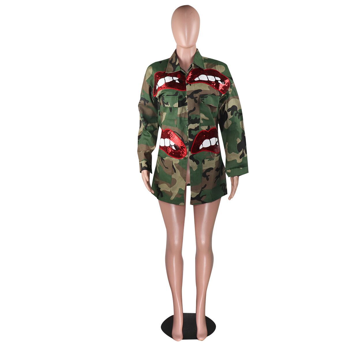 Women's Fashion Pocket Stand Collar Camouflage Sequin Lips Camouflage Jacket Top 10