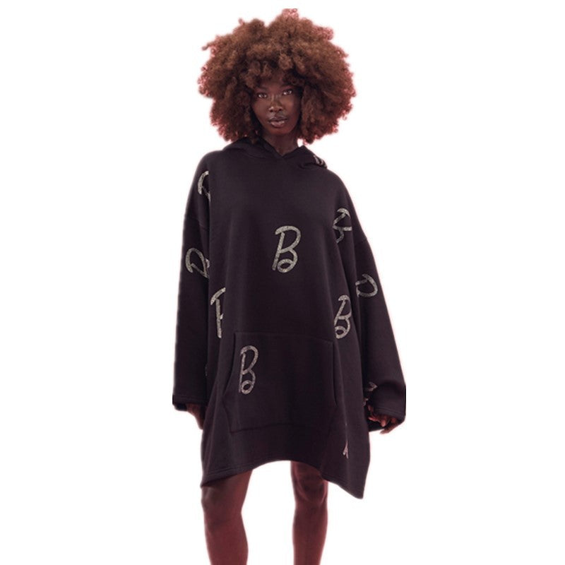 Women Hooded Long Sleeve Fleece Loose Casual Beaded Dress 8