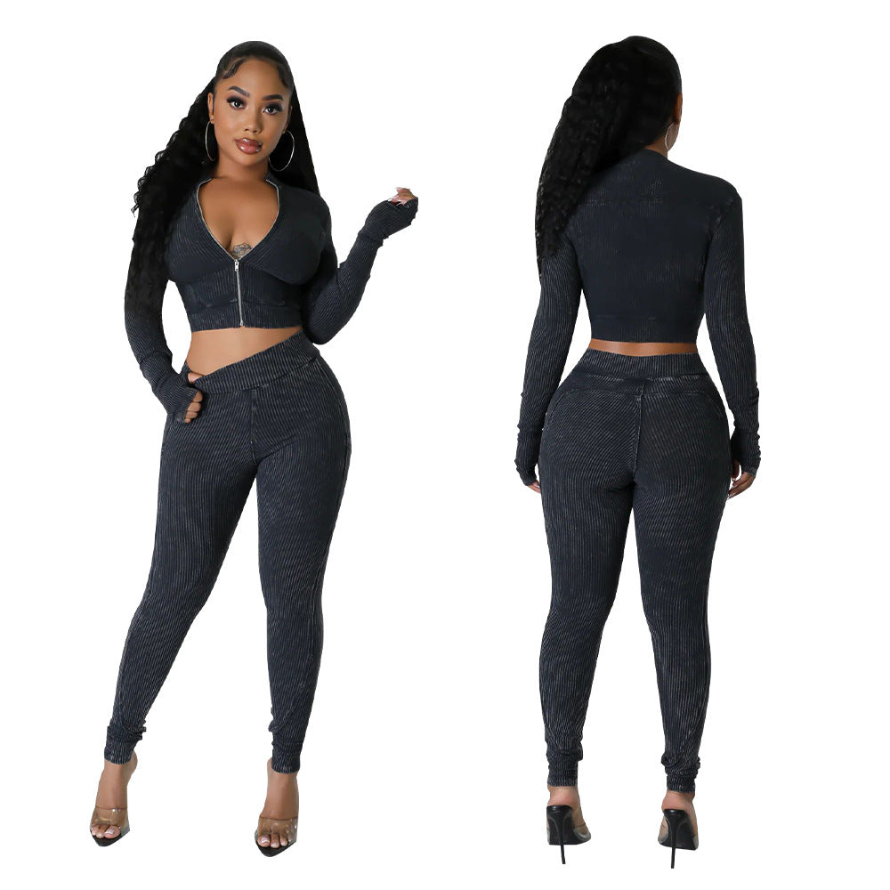 Women's Long Sleeve Zip Patchwork Slim Fit Two Piece Pants Set