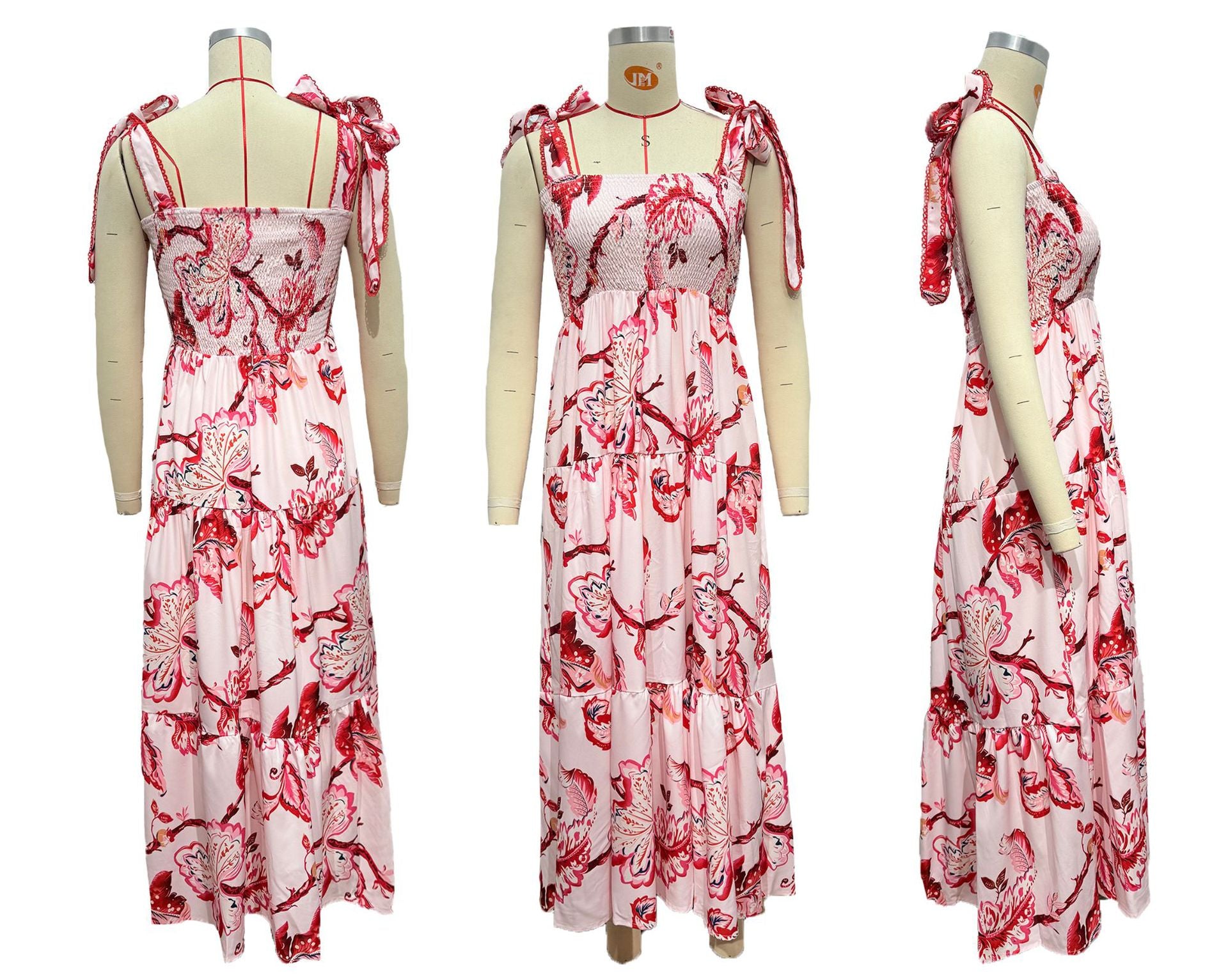 Spring and Summer Women's Strap Elastic Waist Strap Print Long Dress 5