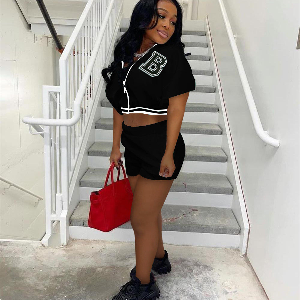 Women Summer Solid Zipper Print Top and Shorts Casual Two-piece Set 4