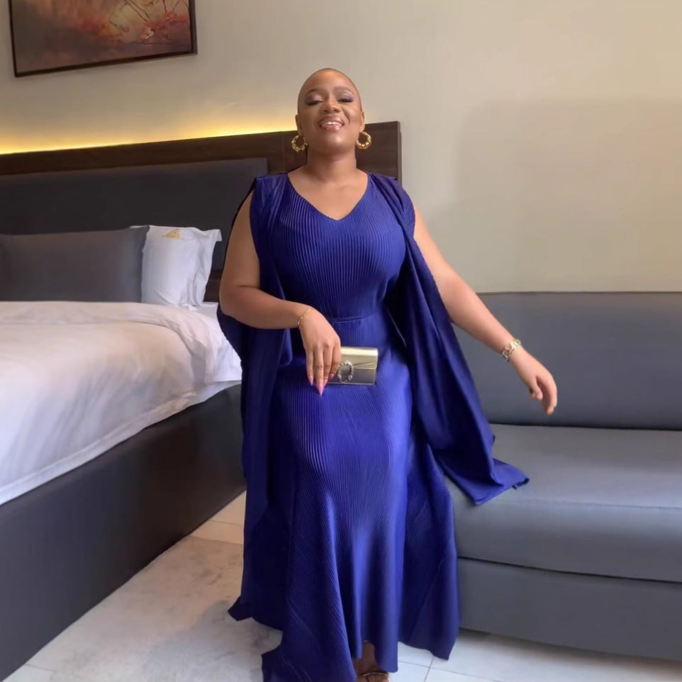 African Solid Color Chic Sleeveless Irregular Pleated Plus Size Dress Women's Clothing 3