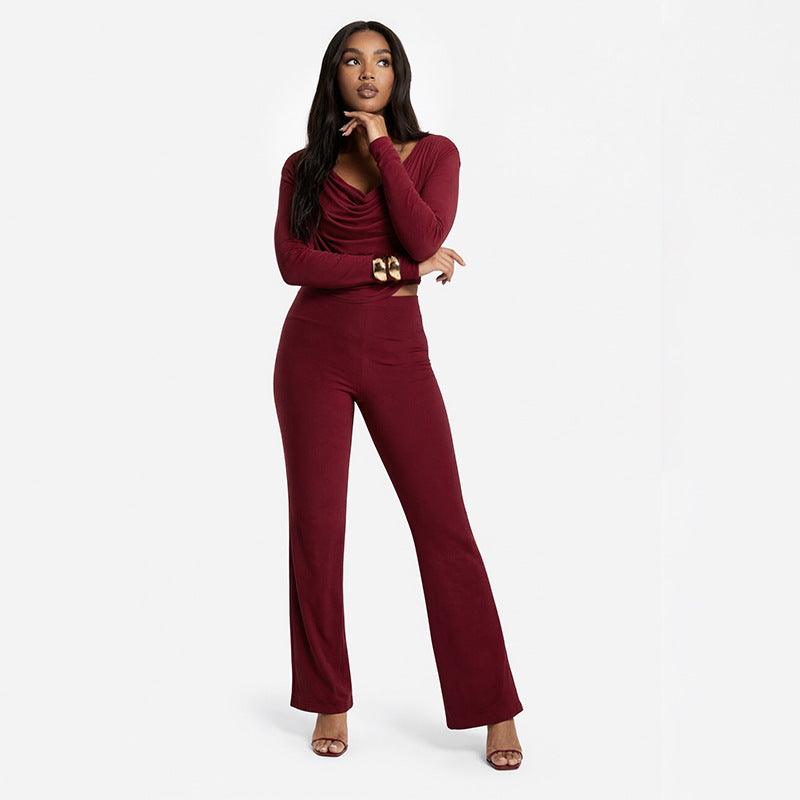Women Fall Solid Casual Long-Sleeved Top and Pants Two-Piece Set 3