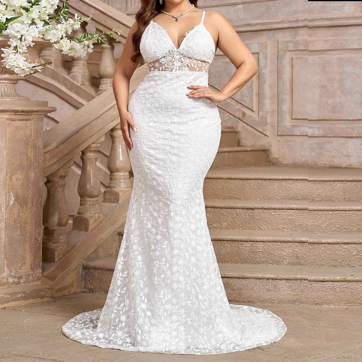 Plus Size Women Sexy White Suspender V-Neck Trailing Wedding Dress 8