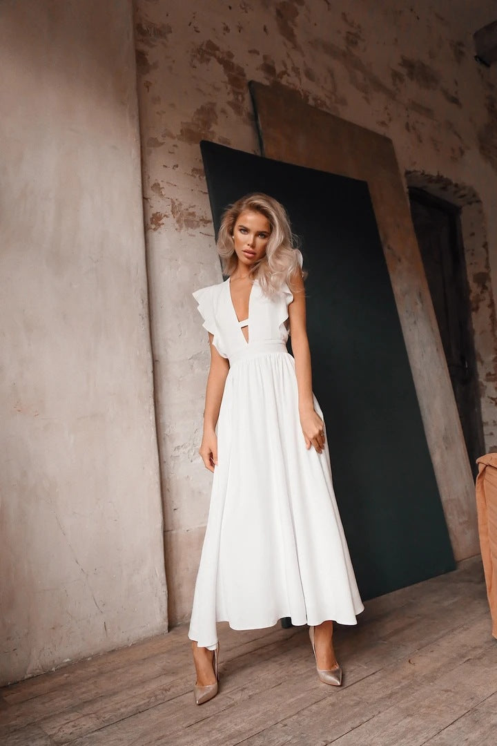 Women Elegant Solid V-neck Sleeveless Long Dress