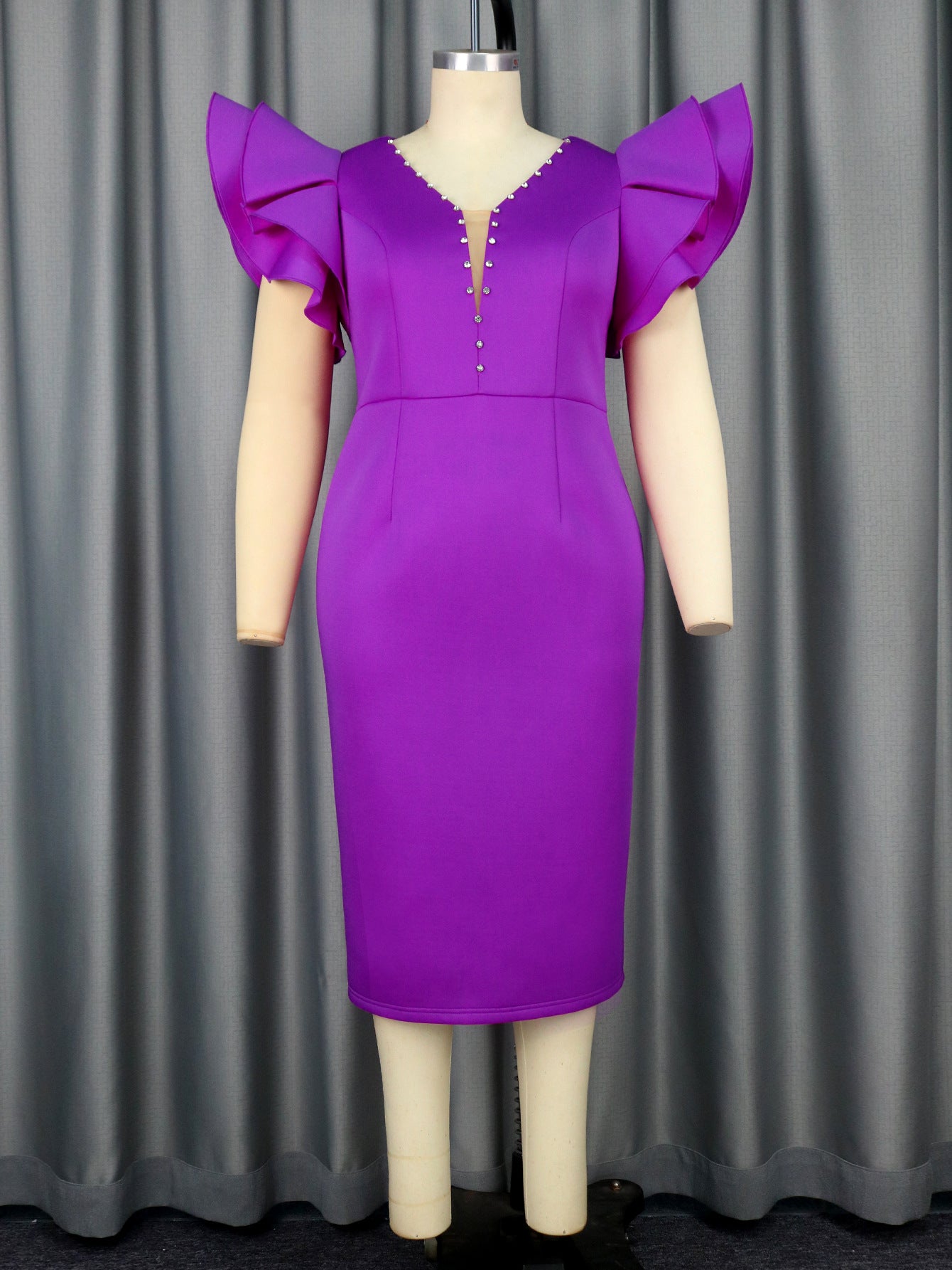 Women spring studded V neck Elegant party Ruffle Sleeve dress