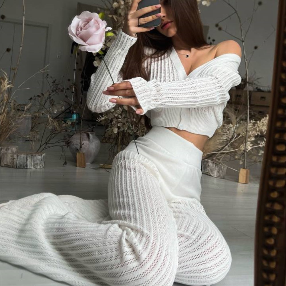 Women See-Through Casual Solid Top and Pants Two-piece Set 3