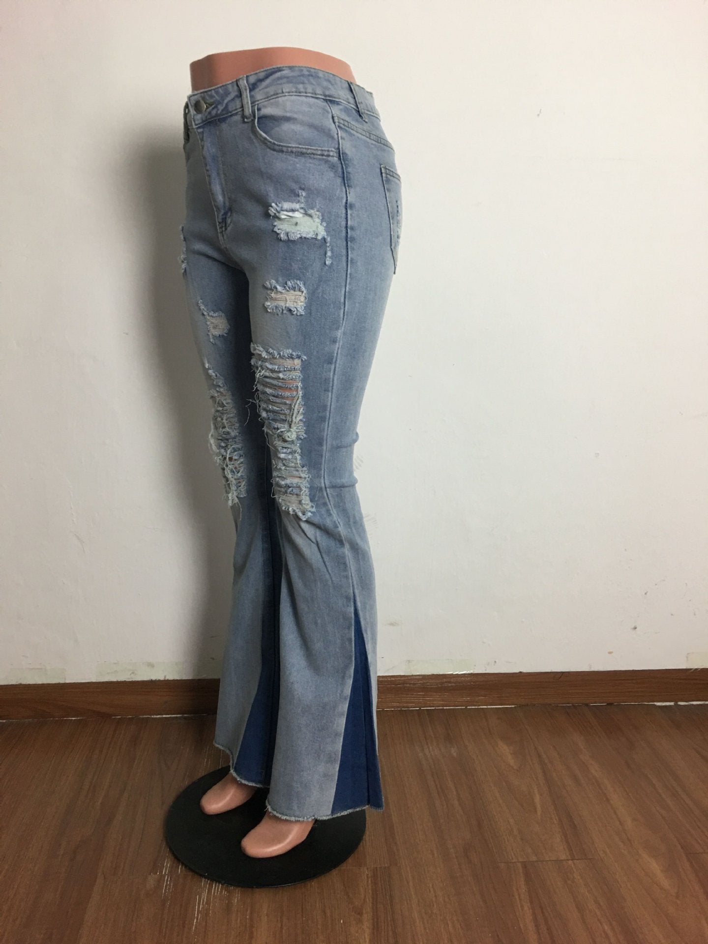 Women Casual Ripped Washed Bell Bottom Denim Pants 9