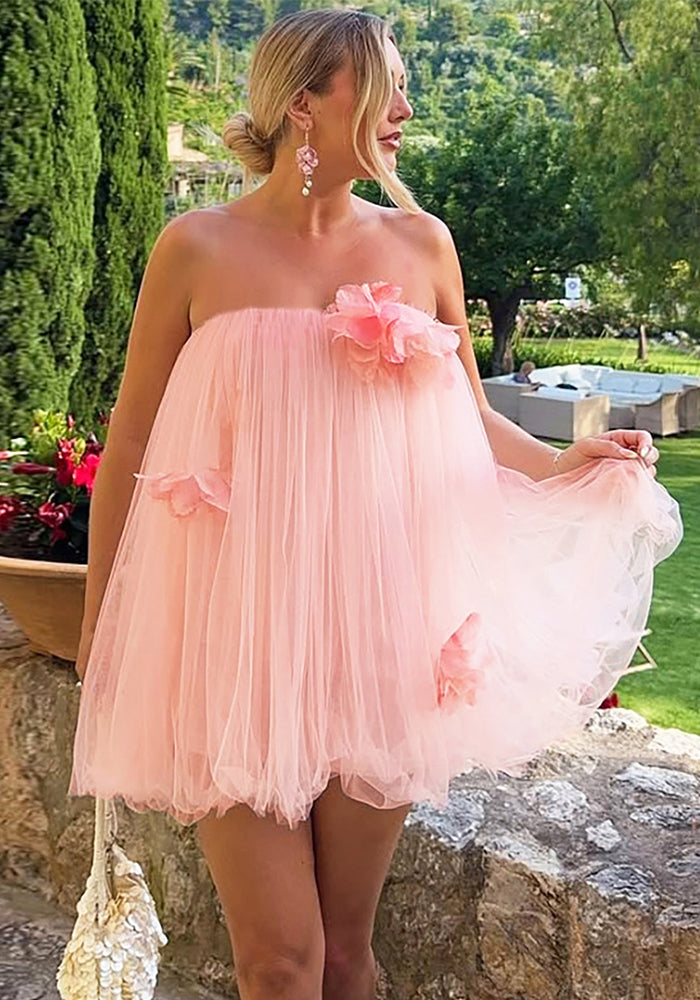 Summer Women's Mesh Puffy Dress Floral Strapless Dress