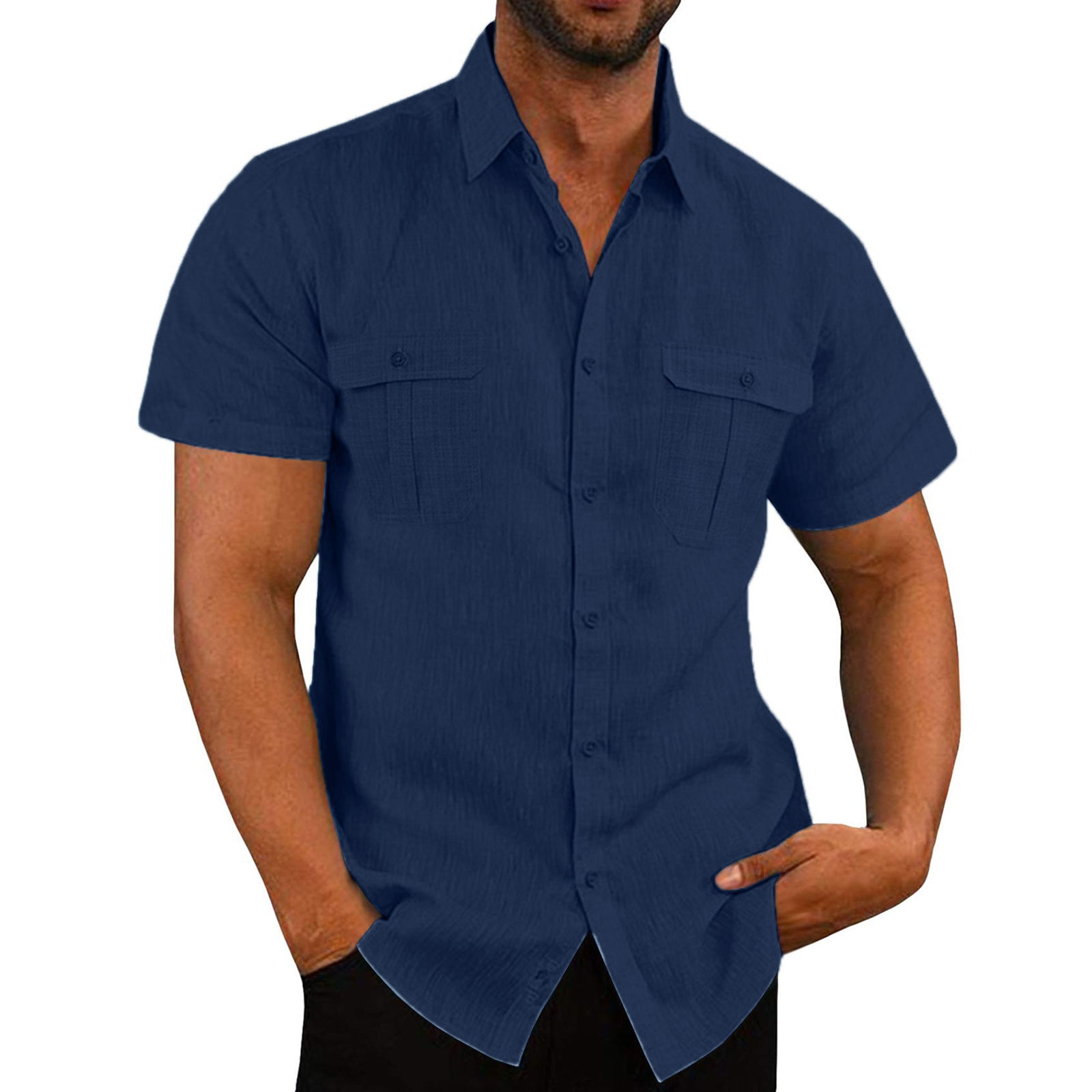 Men's Shirts Double Pocket Linen Short Sleeve Shirts 15