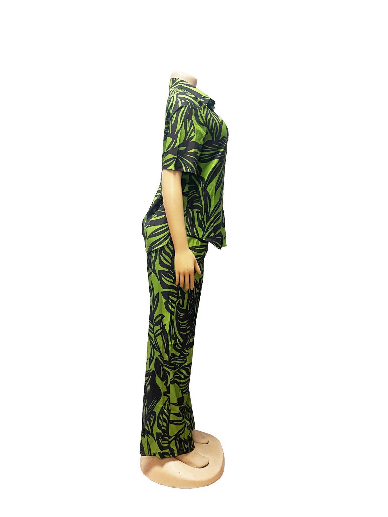 Women Summer Printed Turndown Collar Short Sleeve Top and Wide Leg Pants Two-piece Set 7