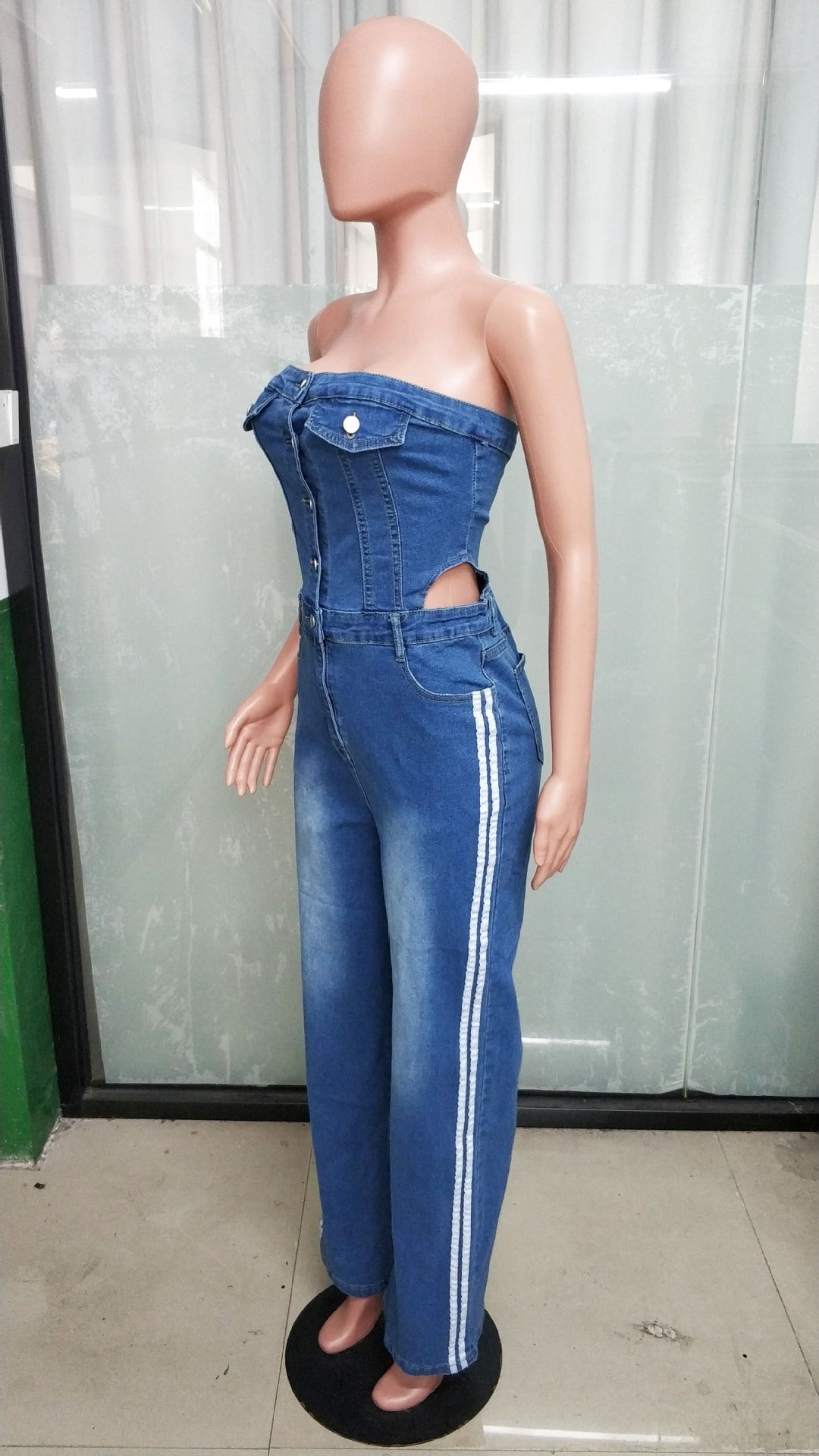 Women Strapless Off Shoulder Denim Wide-Leg Jumpsuit 6