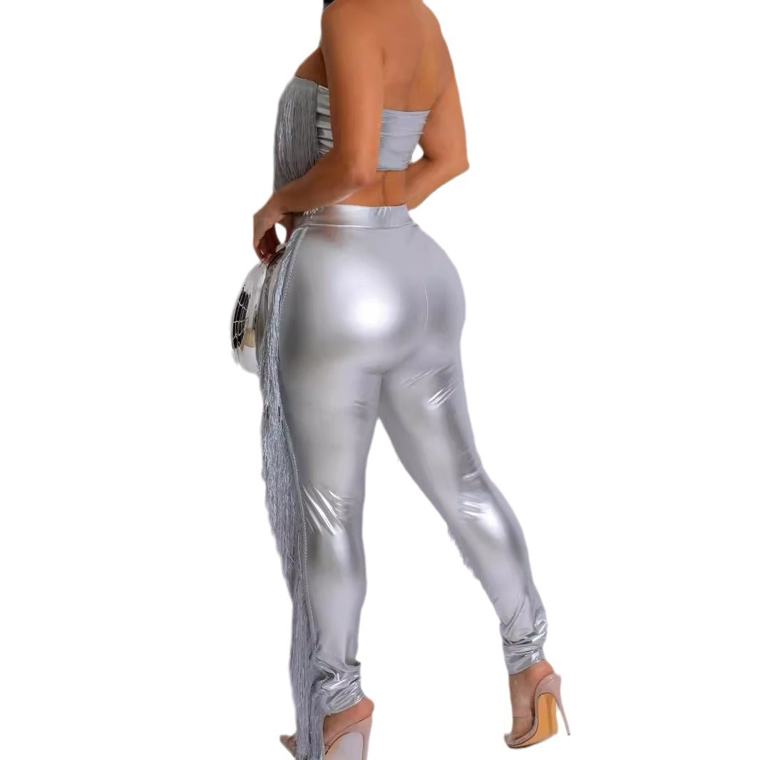Sexy Strapless hollow tassel vest high waist Tight Fitting pants stretch leather two-piece set 7