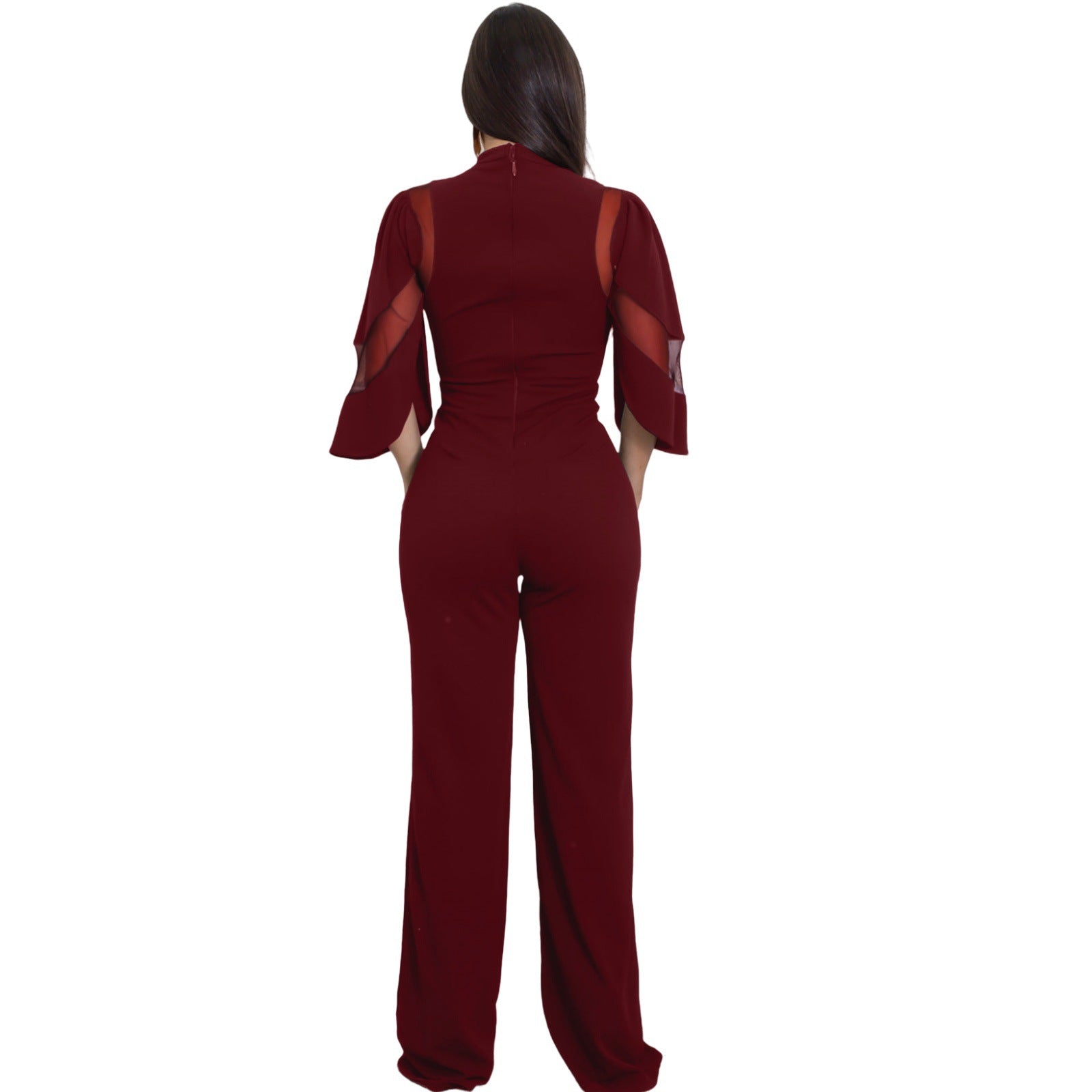 Women Elegant Mesh Patchwork Lace-Up Wide-Leg Jumpsuit 8