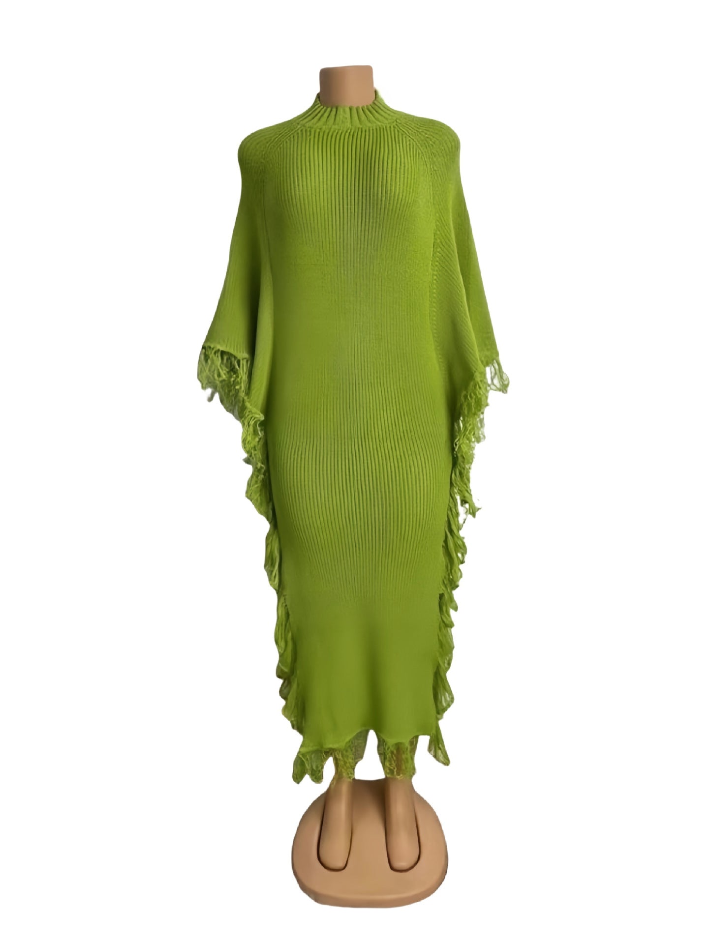 Crochet Fringe Solid Color Round Neck Bat Sleeve Long Knit Dress 5
