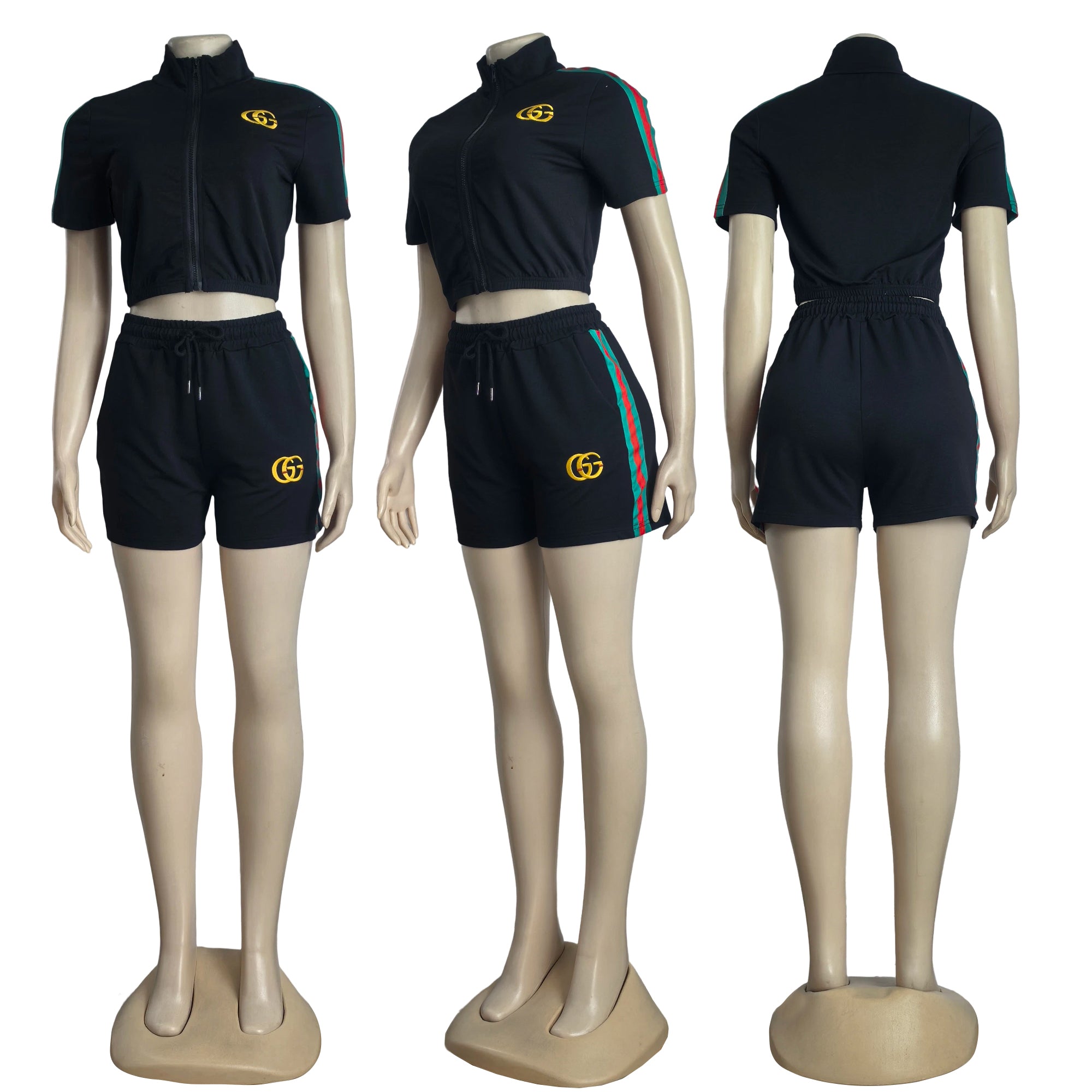 Women summer Casual Pocket embroidered sports short-sleeved Top and shorts two-piece set 3
