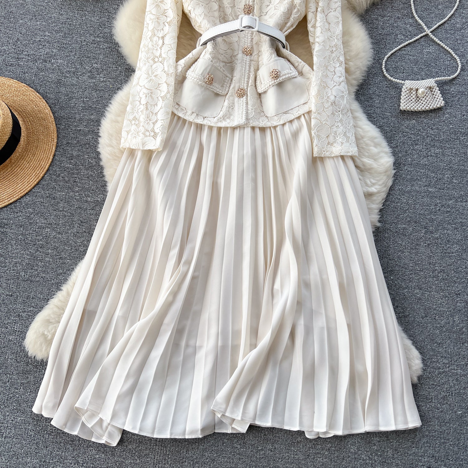 Women French Beaded Metal Button Square Collar Lace Patchwork Pleated Dress 12