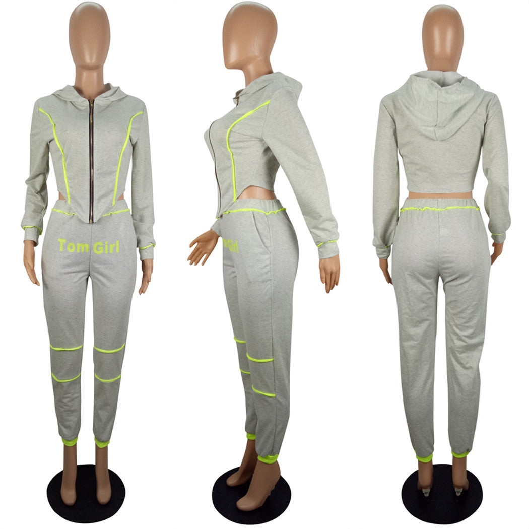 Women Casual Sports Zipper Hood Top and Pant Two-Piece Set 9