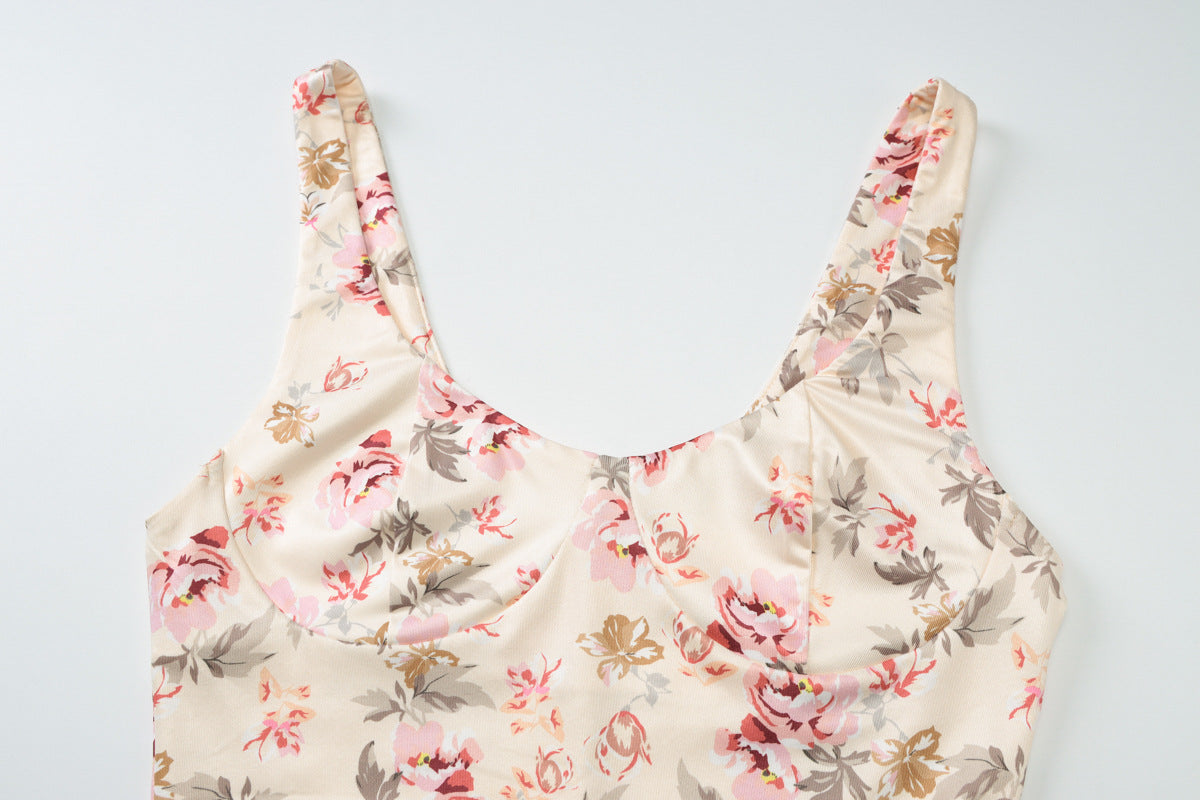 Spring Sexy Low Cut U-Neck Flower Print Slit Strap Dress 10