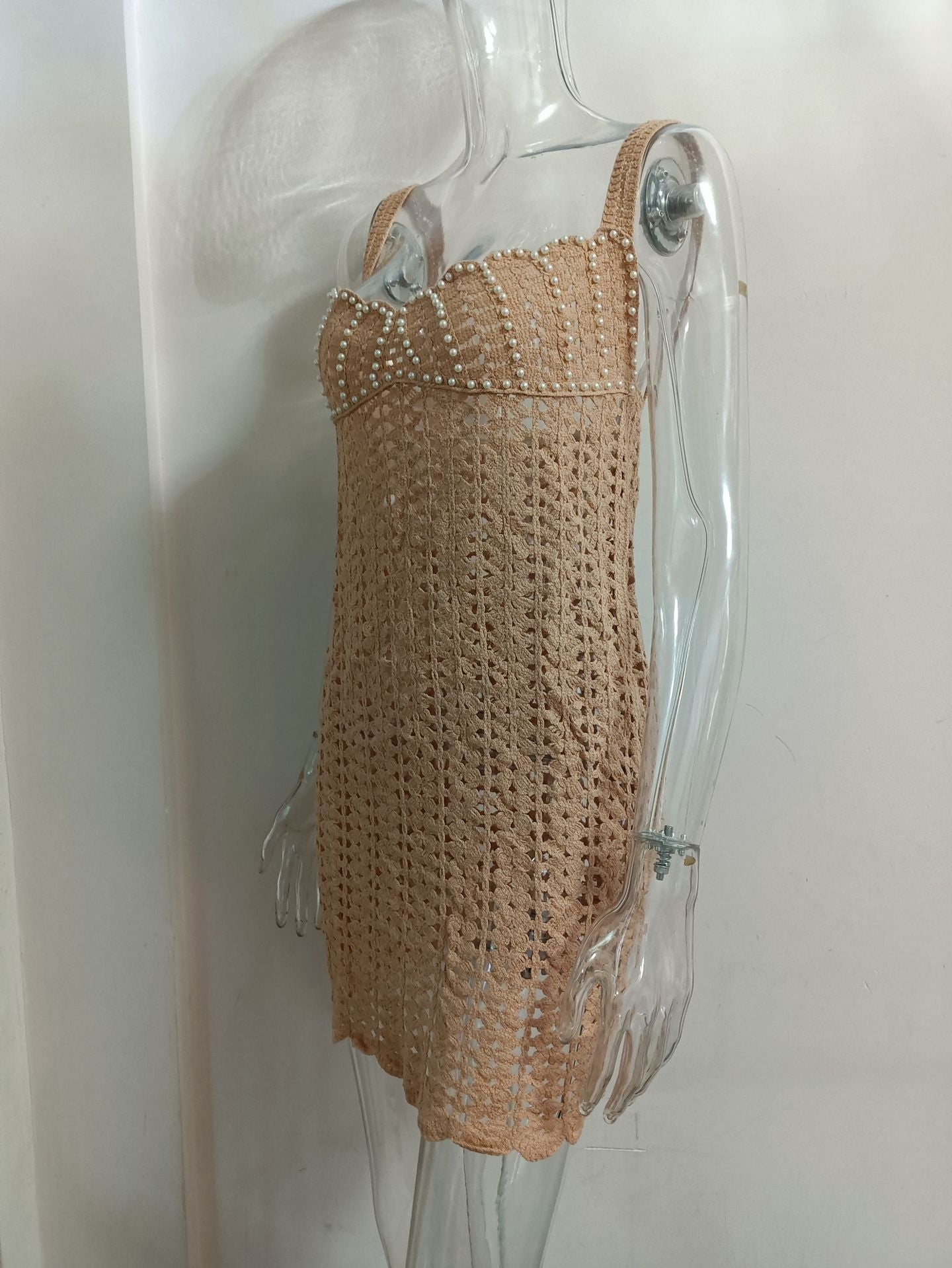 Women knitting v-neck pearl hollow Strap Dress 16