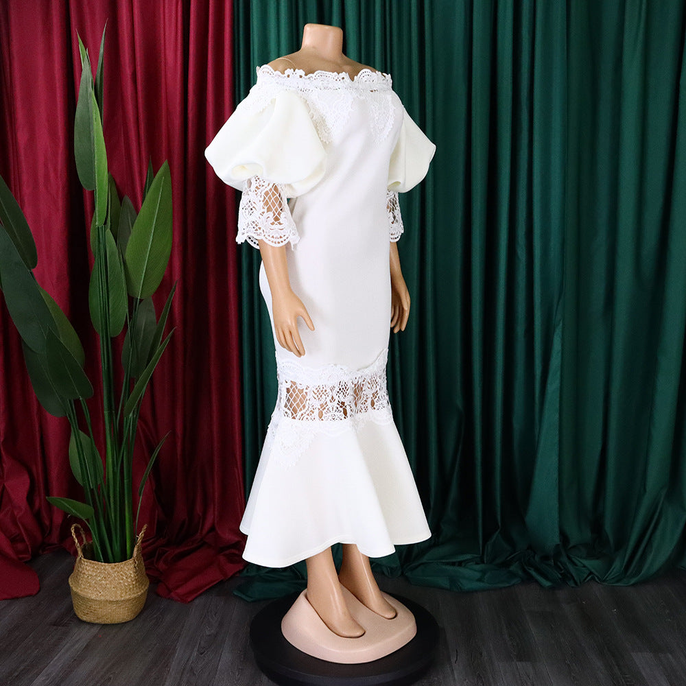 Women Off Shoulder Puff Sleeve Lace Patchwork Formal Party Mermaid Dress 16