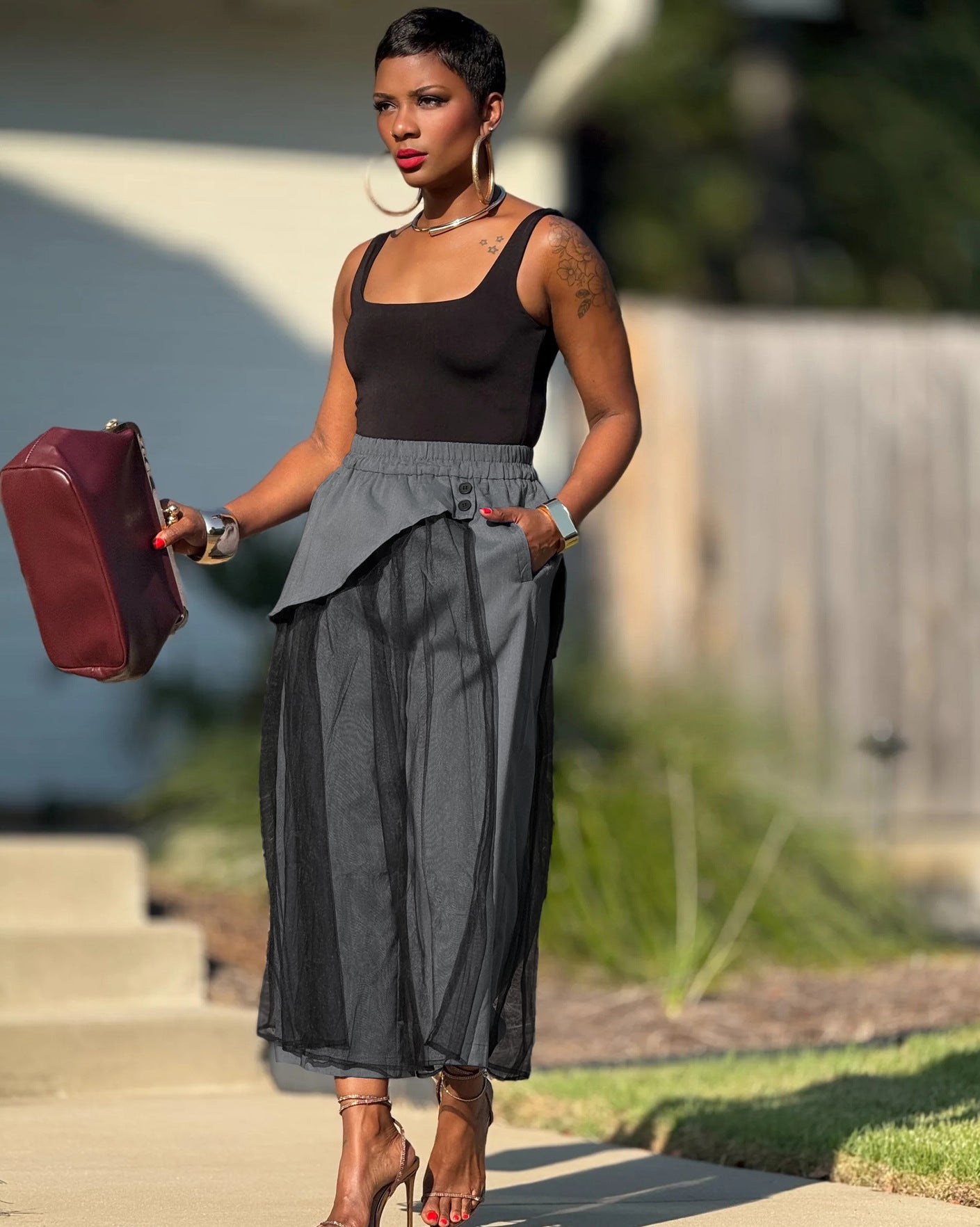 Women's Patchwork Mesh Fashion Wide-Leg False Two-Piece Casual Pants 7