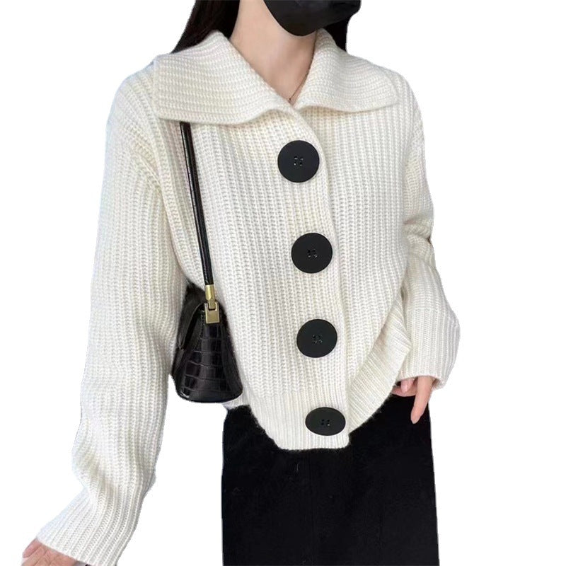 Lazy Style Sweater Jacket Autumn And Winter Loose Turndown Collar Large Button Knitting Cardigan For Women 9