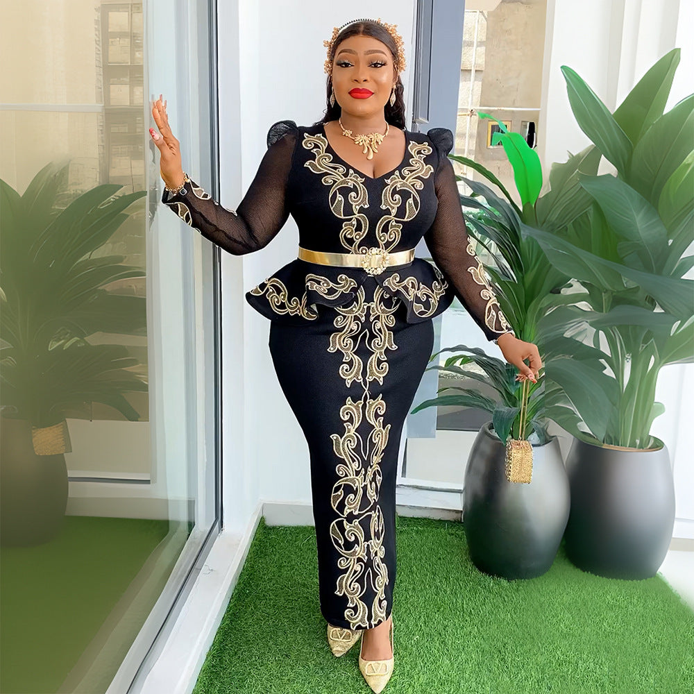 African Women's Plus Size Beaded V-Neck Dress 4