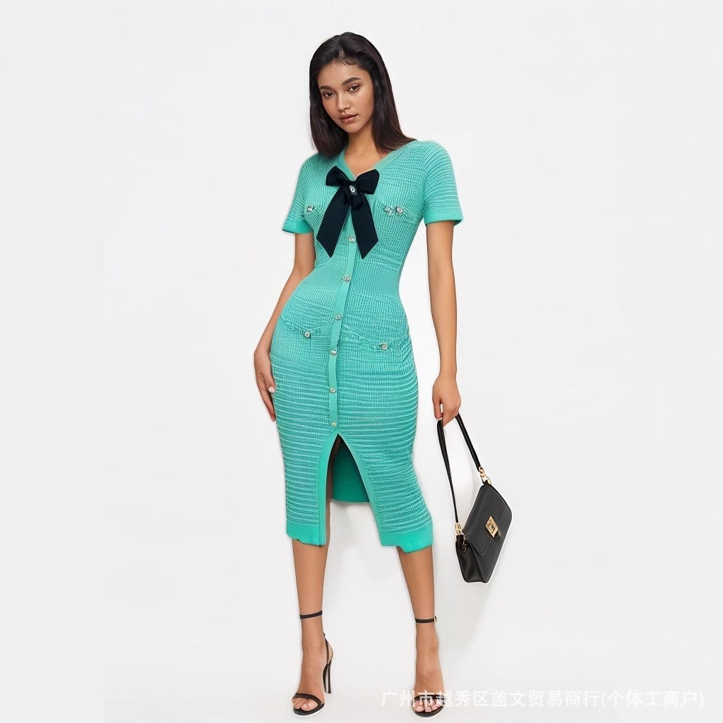 Women French V Neck Bow Short Sleeve Beaded Button Knitting Slit Dress 3