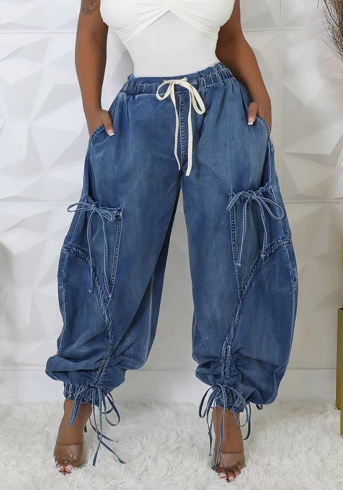 Elastic Waist Drawstring Tie Bow Women Casual Loose Straight Denim Pants