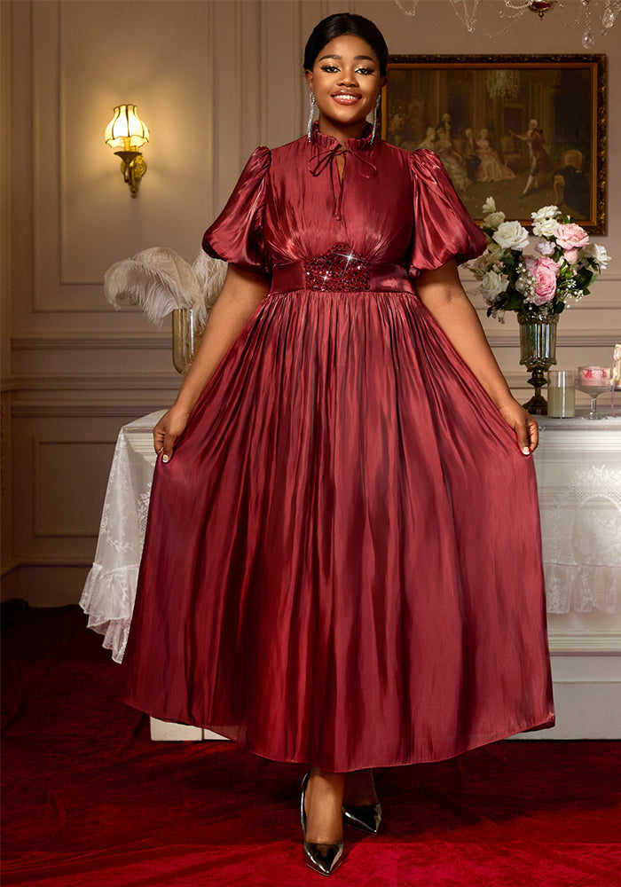 Plus-Size Women Lantern Puff Sleeve Ruffle Belted Sequined Formal Party Dress